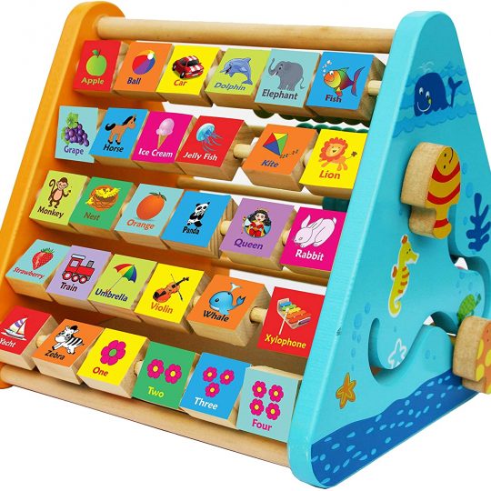 TOWO Wooden Activity Centre Triangle toys - Wooden Alphabet Blocks Abacus clock - Activity Cube for Toddlers 5 in 1-Wooden Activity Toys for Babies Montessori Learning