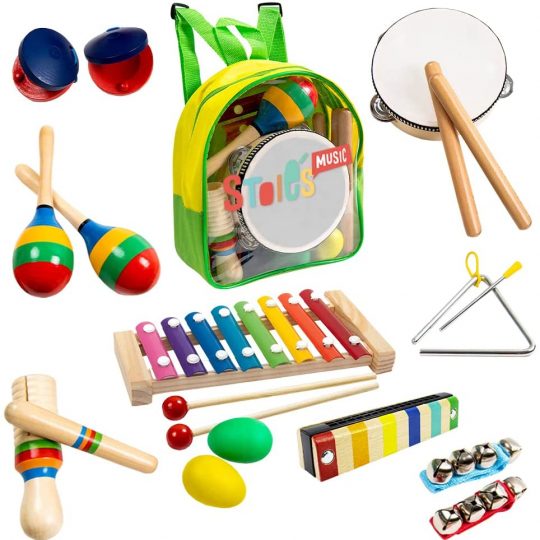 19 Piece Musical Instrument Set for Toddlers, Preschool Children & Kids– Wooden Percussion Toys and Rhythm Instruments