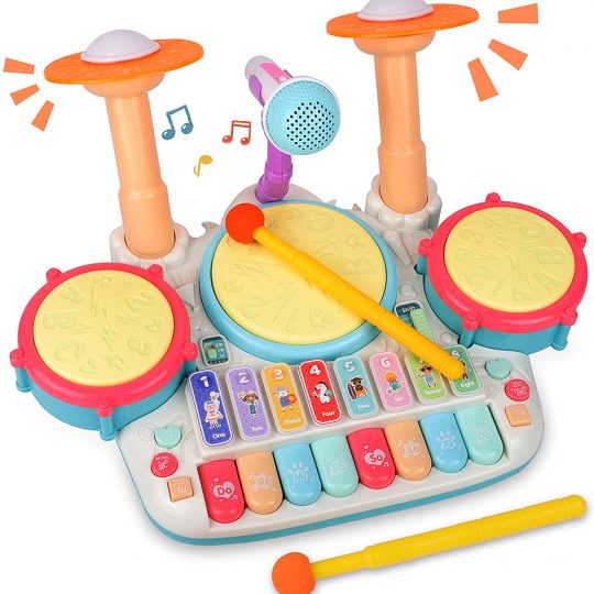 Rabing Baby 5 in 1 Musical Instruments Toys, Toddler Drum & Piano Keyboard Drum Toys Set with Microphone & Lights, Baby Piano Learning Toys
