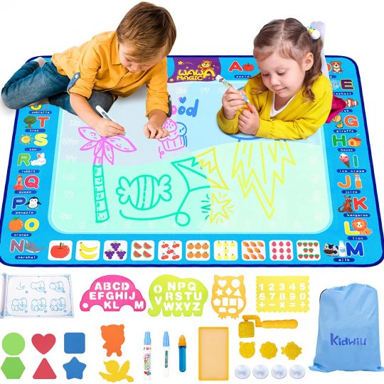 KIDWILL Aqua Magic Doodle Mat for Kids Gift, Large Size, Reusable Painting Writing Coloring Mat with Pens, Stamps Stencils, Suction Cups, Mess-Free STEM Educational Toy for Kids