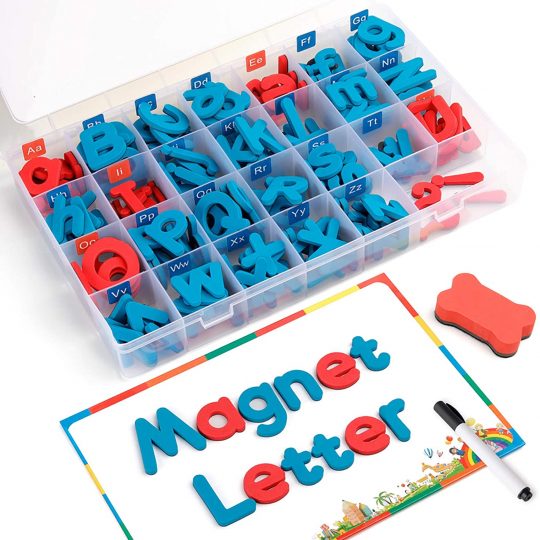 Magnetic Letters 208 Pcs with Magnetic Board and Storage Box - Uppercase Lowercase Foam Alphabet ABC Magnets for Fridge Refrigerator - Educational Toy Set for Classroom Kids Learning Spelling