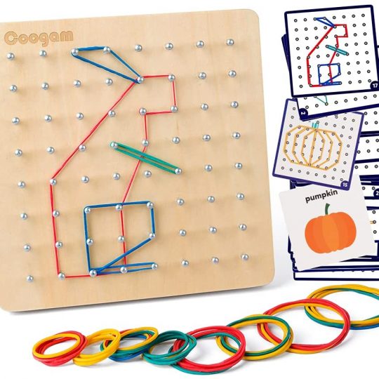 Coogam Wooden Geoboard with Activity Pattern Cards and Latex Bands - 8x8 Pin Geometry Geoboard Montessori Shape Puzzle Board Inspire Kid's Imagination and Creativity