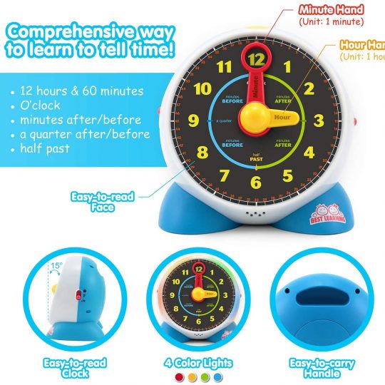 BEST LEARNING Learning Clock - Educational Talking Learn to Tell Time Light-Up Toy with Quiz and Sleep Mode Lullaby Music for Toddlers Kids