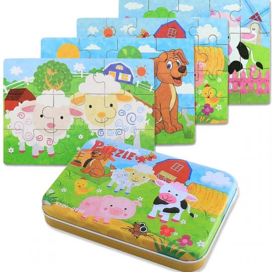 Wooden Puzzles Toy in a Box for Kids, Pack of 4 with Varying Degree of Difficulty Educational Learning Tool