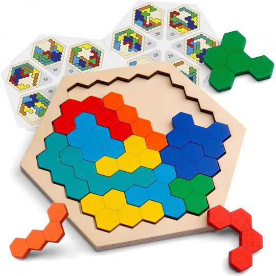 Coogam Wooden Hexagon Puzzle - Shape Block Tangram Brain Teaser Toy Geometry Logic IQ Game STEM Montessori Educational Gift