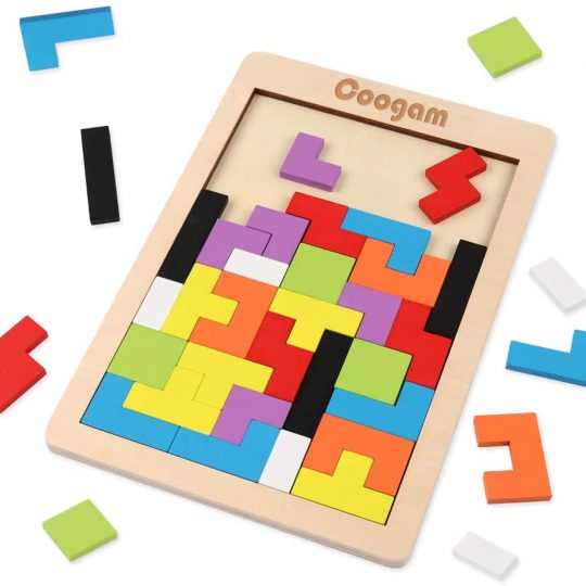 Coogam Wooden Intelligence Puzzle 40 Pcs Tangram Jigsaw Brain Teaser Toy for Kids Wood Puzzle Box Brain Game Building Block Intelligence Educational Gift for Toddlers