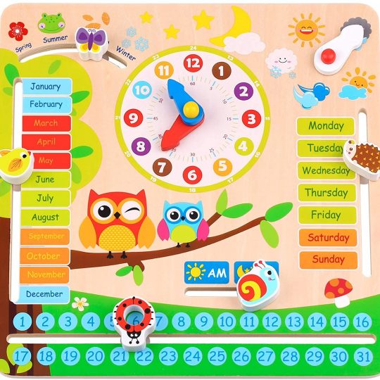 Educational Wooden Toys - Calendar Clock Toy - Learn Date, Time & Weather