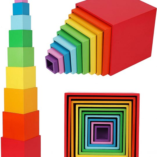 TOWO Wooden Stacking Boxes Rainbow Colours-Nesting and Sorting Cups Blocks for Toddlers-Stacking Cubes Educational Learning Toys