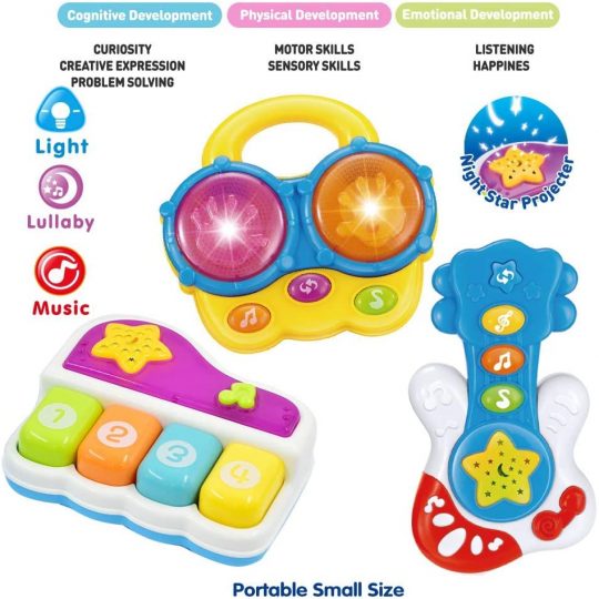 WEofferwhatYOUwant Baby Music Set of 3 Piano Guitar Bongo Drum. Music Learning Education for Ages 9 months to 4 Years. Small Portable Size for Baby Hands