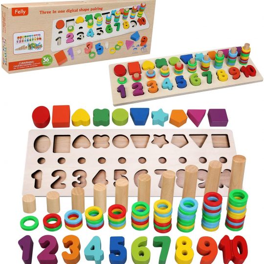 Felly Baby Wooden Toys for 1 2 3 Year Old, Educational Montessori Wood Blocks Puzzle Math Sorting Stacking Number Counting Board Fishing Pole Game Play Set Learning Toys for Toddler Preschool Kids