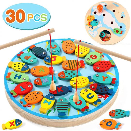Lewo 2 In 1 Fishing Game 30 PCS Wooden Magnetic Alphabet Letter Fishing Toys